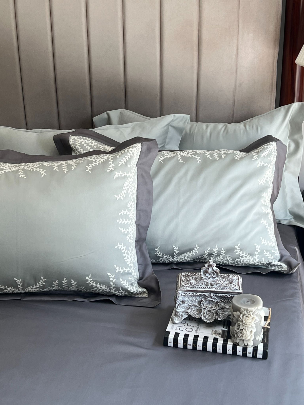 Faith Sage Green Elephant Grey Desire Cotton Bedsheet Set (5 PC Set) - Elysian Home Decor