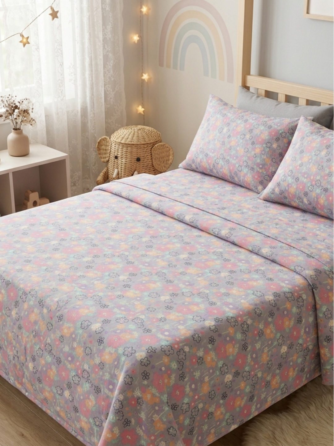 Floral Pop Lilac Printed Cotton Bedsheet Set - Elysian Home Decor