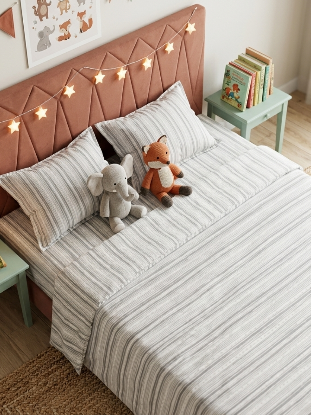 Grey Stripes Ivory Printed Cotton Bedsheet Set - Elysian Home Decor