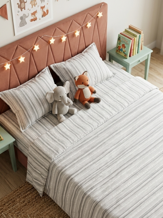 Grey Stripes Ivory Printed Cotton Bedsheet Set - Elysian Home Decor