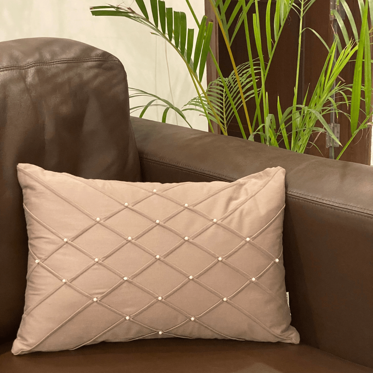 Decorative Grid Taupe Cotton Cushion Cover 12x18 - Elysian Home Decor