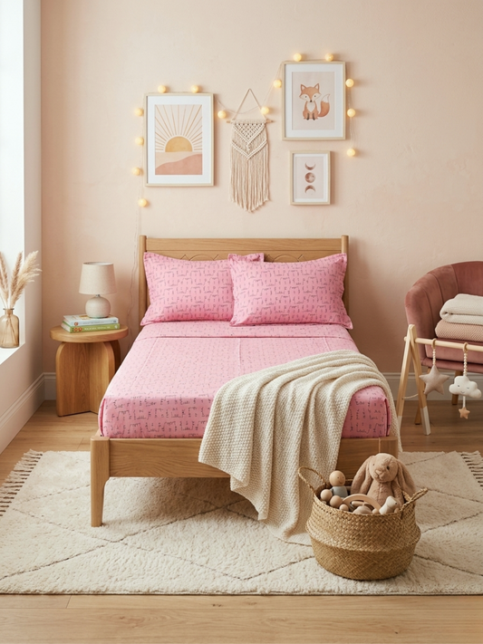 Hello Kitty Pink Printed Cotton Kids Bedsheet Set - Elysian Home Decor