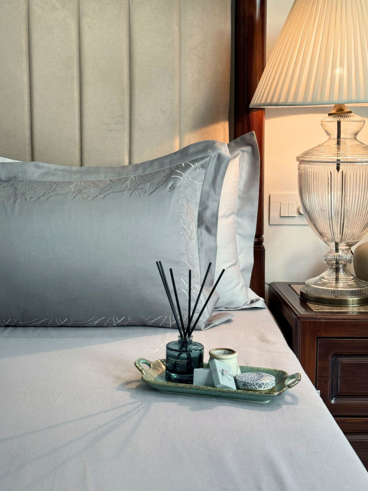 Hope Slate Pearl Grey Desire Cotton Bedsheet Set (5 PC Set) - Elysian Home Decor