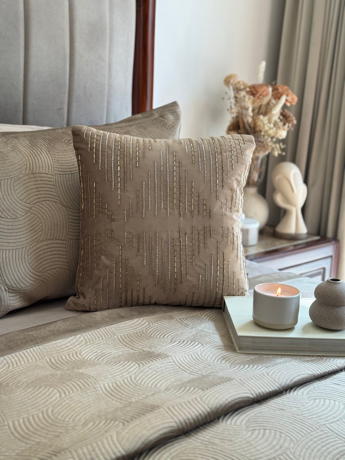 Decorative Delineate Champagne Gold Velvet Cushion Cover 16x16
