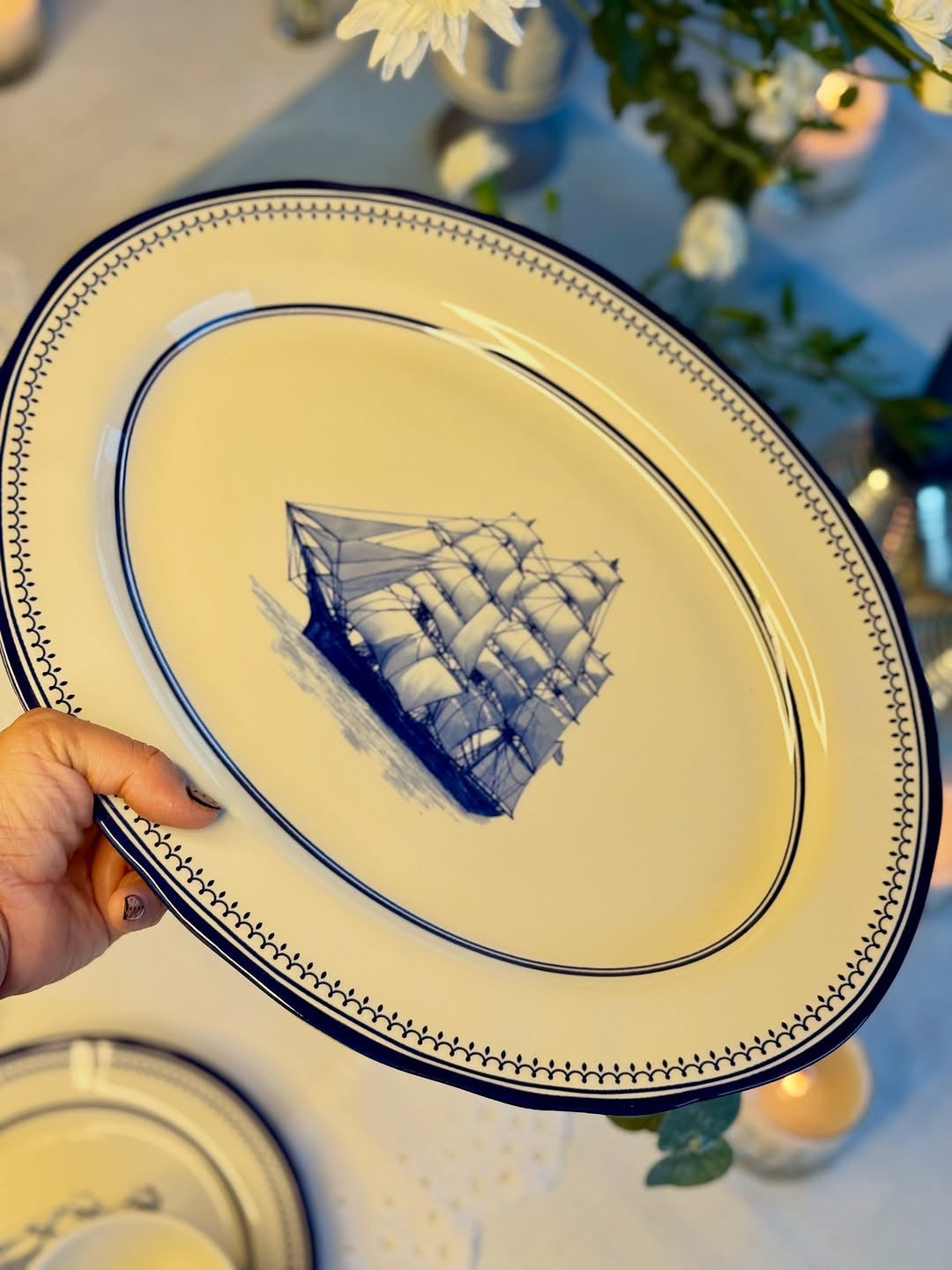 Clipper Ship Blue Oval Serving Platter – 14"