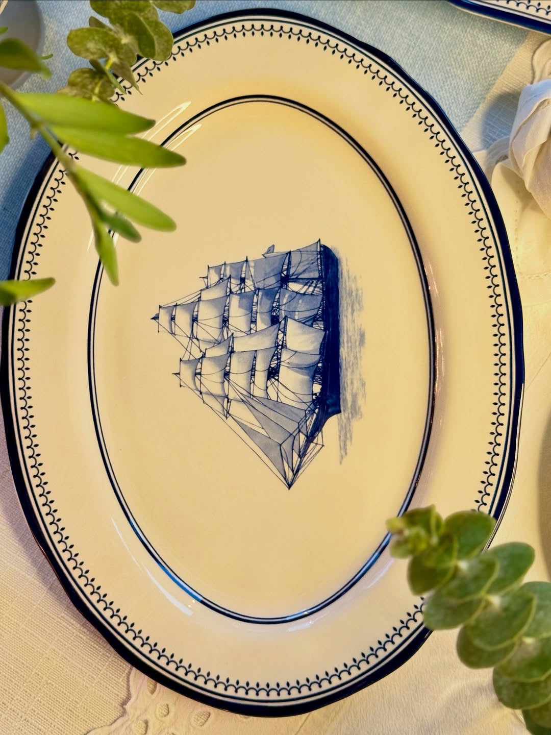 Clipper Ship Blue Oval Serving Platter – 14"