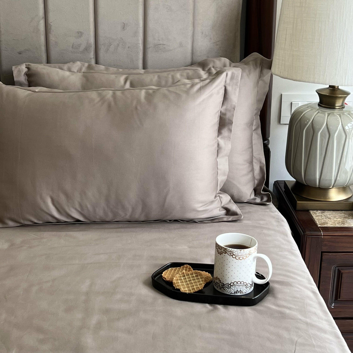 Mocha brown bedsheet styled on a bed