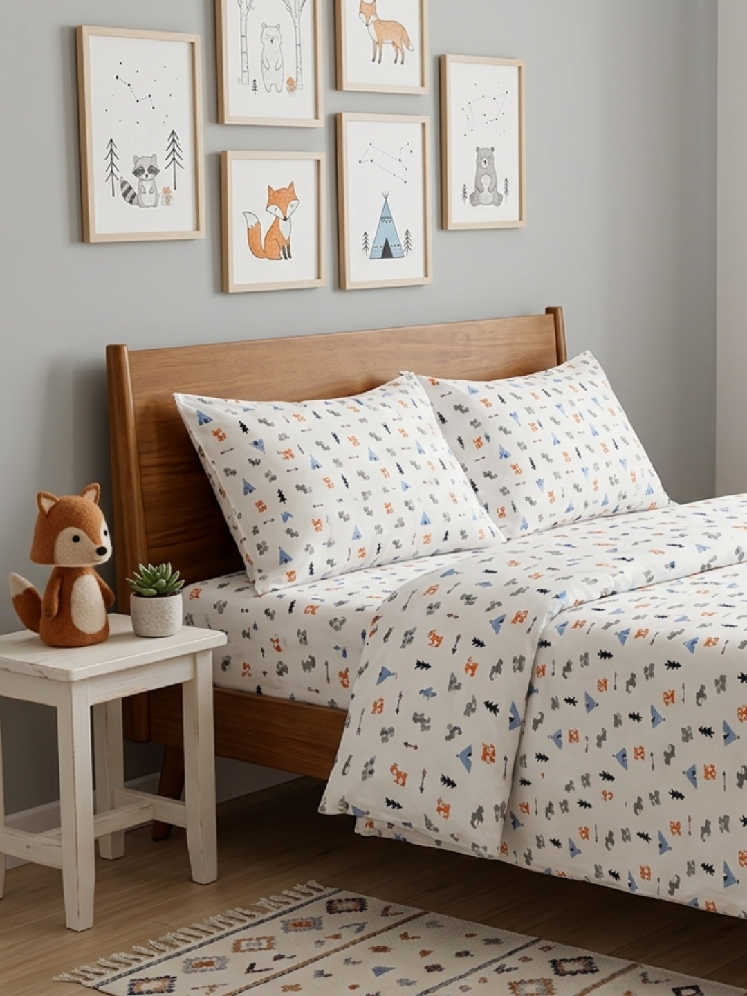 Happy Campers Ivory Printed Cotton Kids Bedsheet Set - Elysian Home Decor