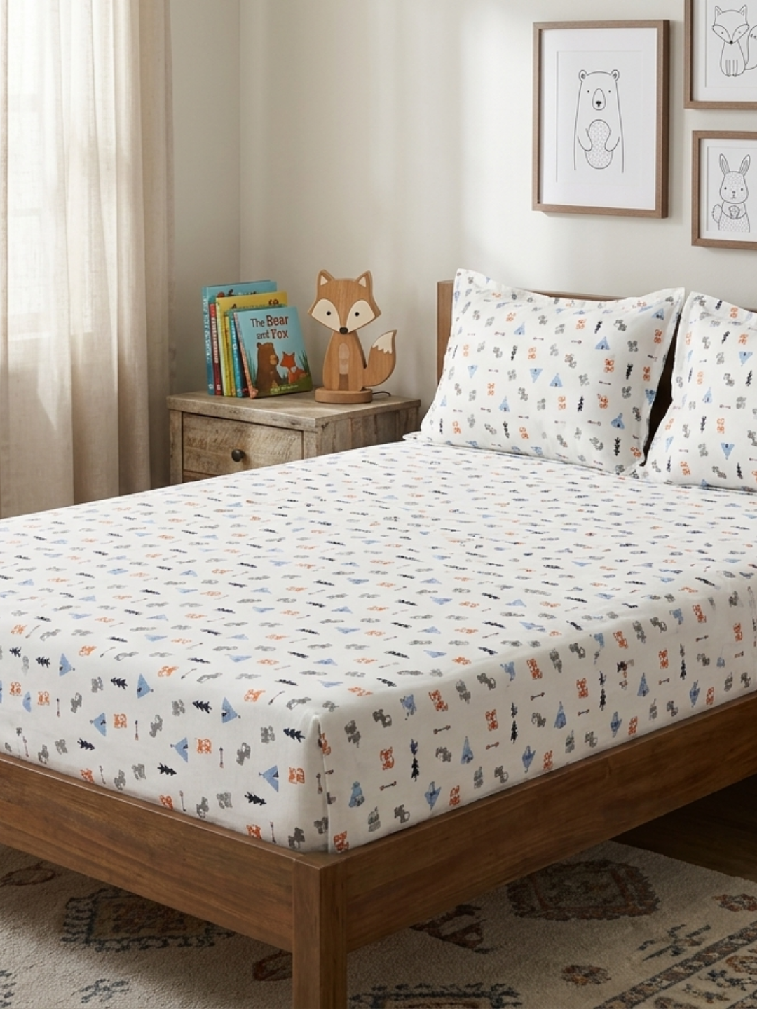 Happy Campers Ivory Printed Cotton Kids Bedsheet Set - Elysian Home Decor