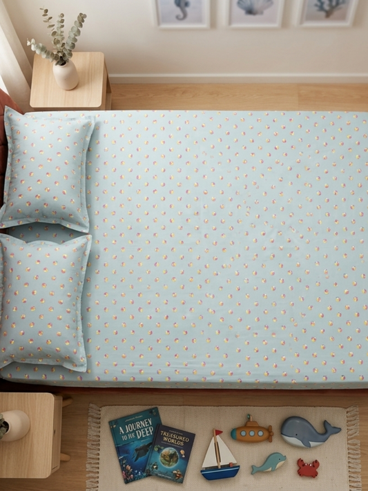 Kick Off Sage Green Printed Cotton Kids Bedsheet Set