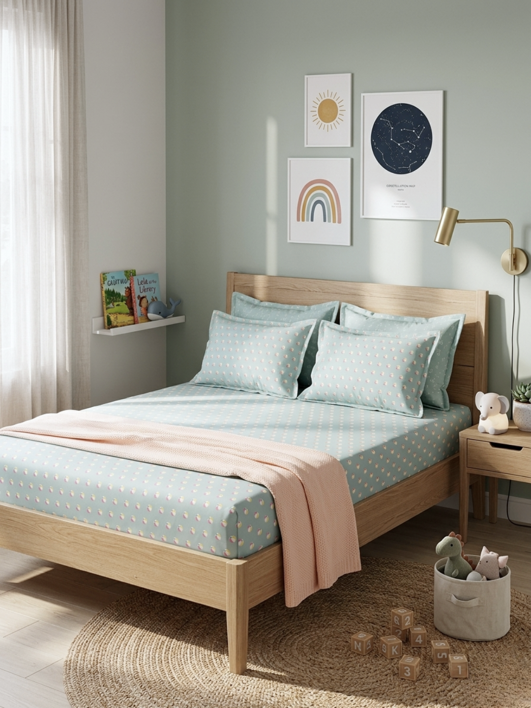 Kick Off Sage Green Printed Cotton Kids Bedsheet Set - Elysian Home Decor