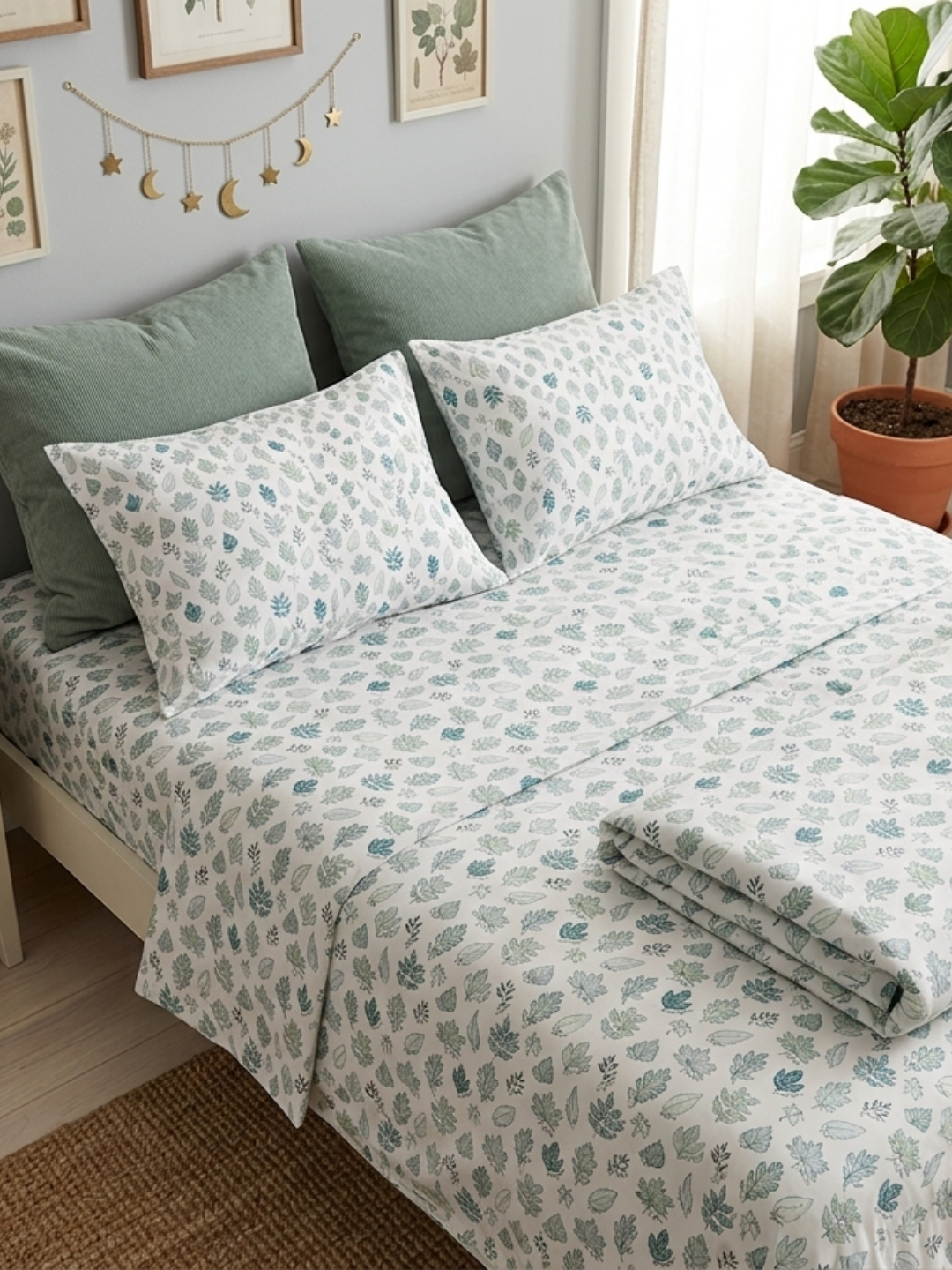 Little Leaves Ivory Printed Cotton Bedsheet Set - Elysian Home Decor