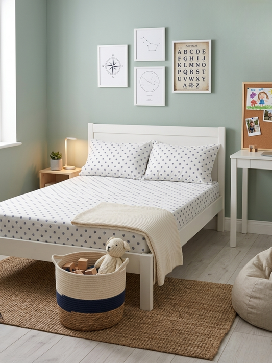 Little Sail Ivory Printed Cotton Kids Bedsheet Set - Elysian Home Decor