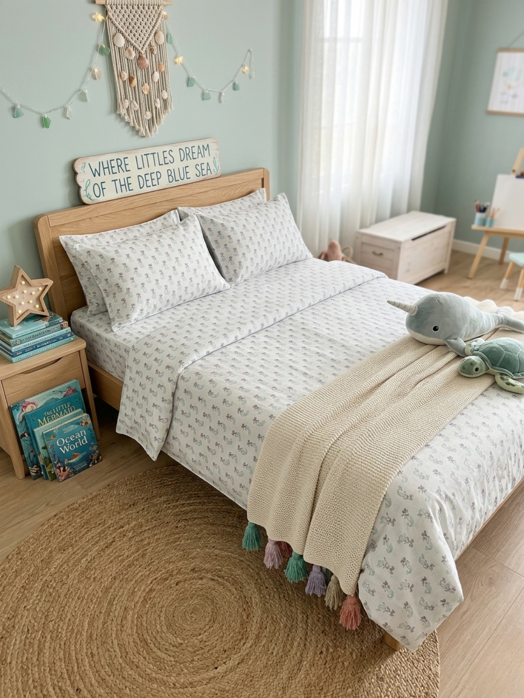 Mermaid Dreams Ivory Printed Cotton Kids Bedsheet Set - Elysian Home Decor