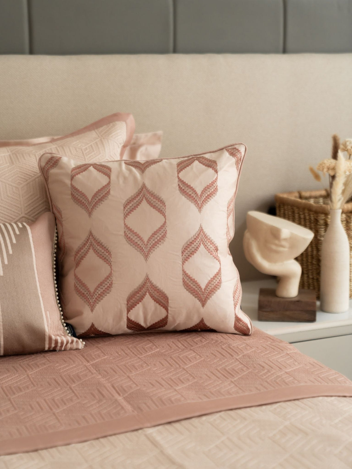 Reve Rose Cotton Embroidered Buff Cushion Cover 16" X 16" - Elysian Home Decor