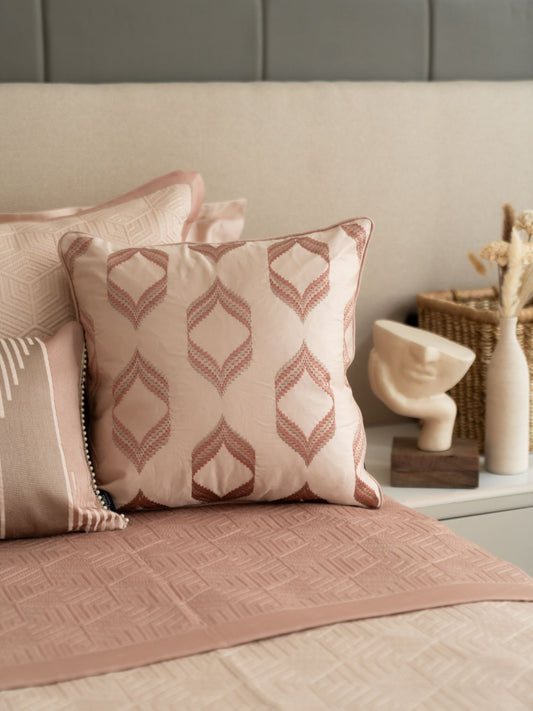 Reve Rose Cotton Embroidered Buff Cushion Cover 16" X 16" - Elysian Home Decor