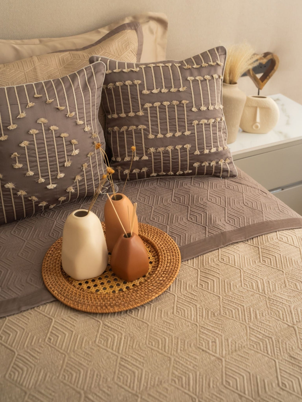 Ambiente Cotton Embroidered Taupe Cushion Cover 16" X 16" - Elysian Home Decor