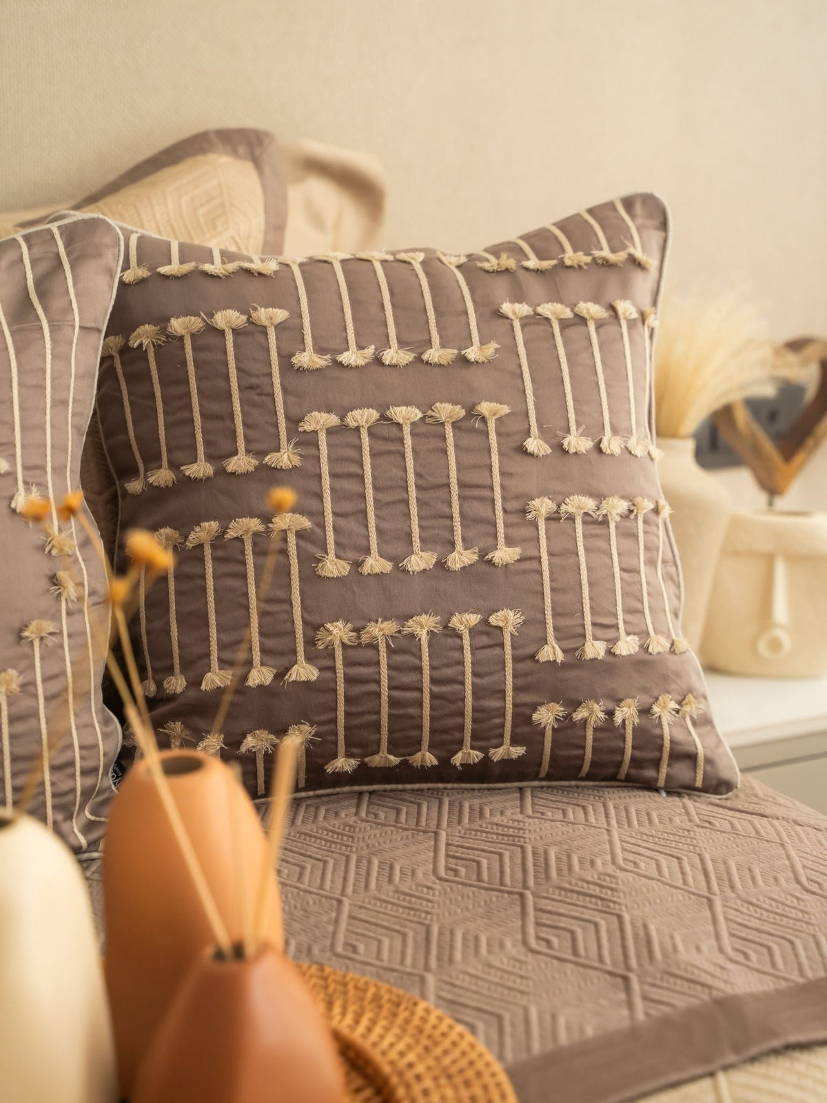 Ambiente Cotton Embroidered Taupe Cushion Cover 16" X 16" - Elysian Home Decor