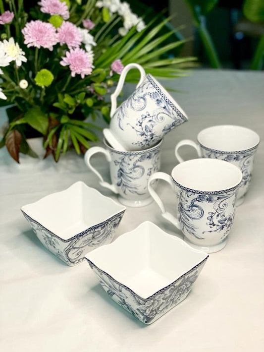 Adelaide Blue Bowl & Mug Set – 6 Pcs (300 ml Mugs)