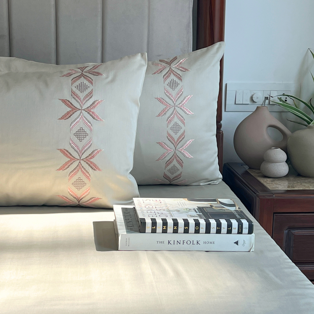 Close-up of Nadine beige embroidered pillow cover