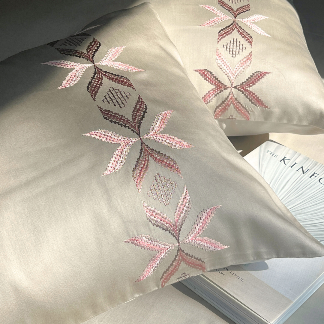 Nadine beige bedsheet set styled on bed