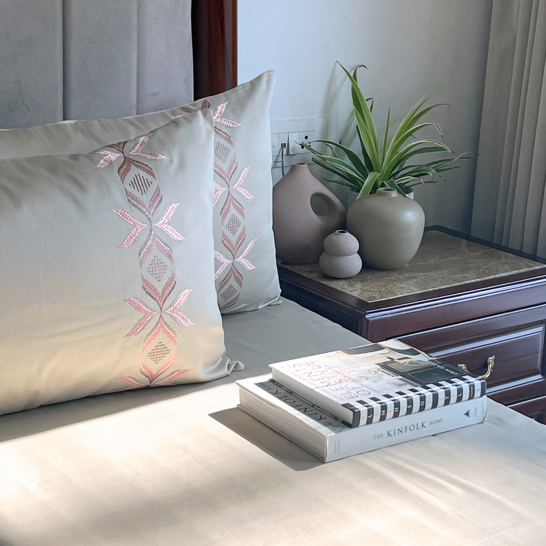Full bed styled with Nadine beige Dreams bedsheet set