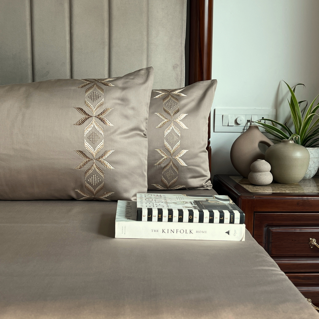 Nadine mocha embroidered pillow cover close-up