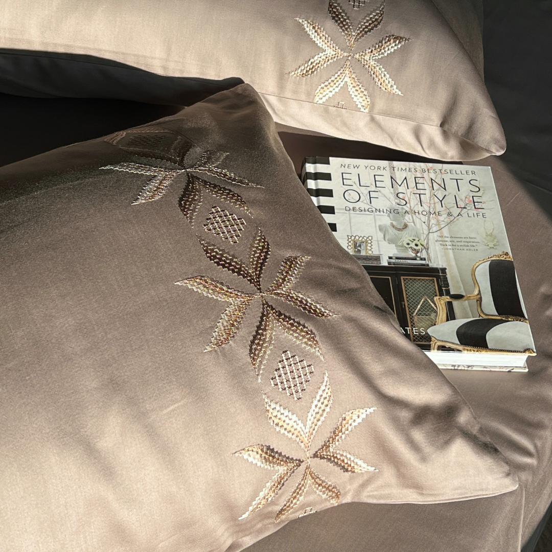 Nadine mocha bedsheet set styled on bed