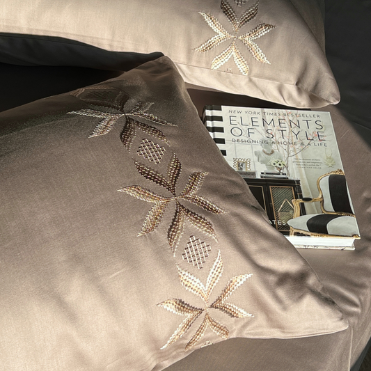 Nadine mocha bedsheet set styled on bed