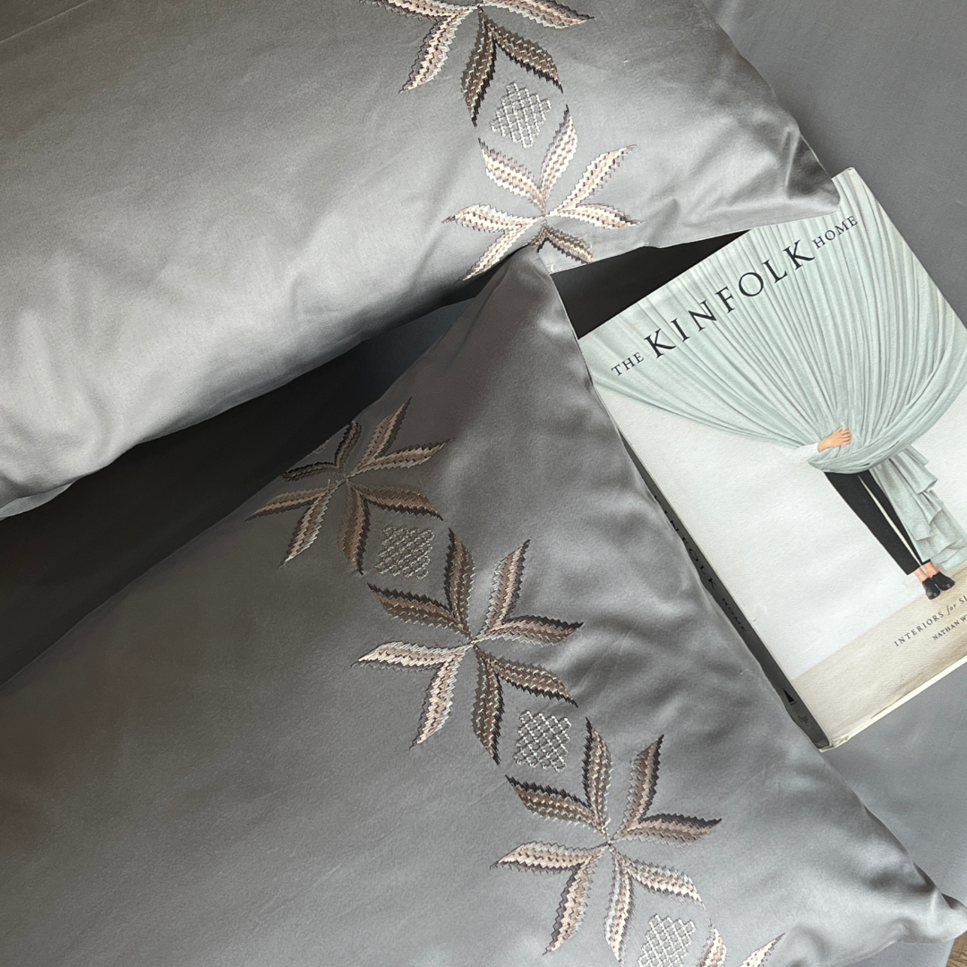 Nadine slate bedsheet set styled on bed