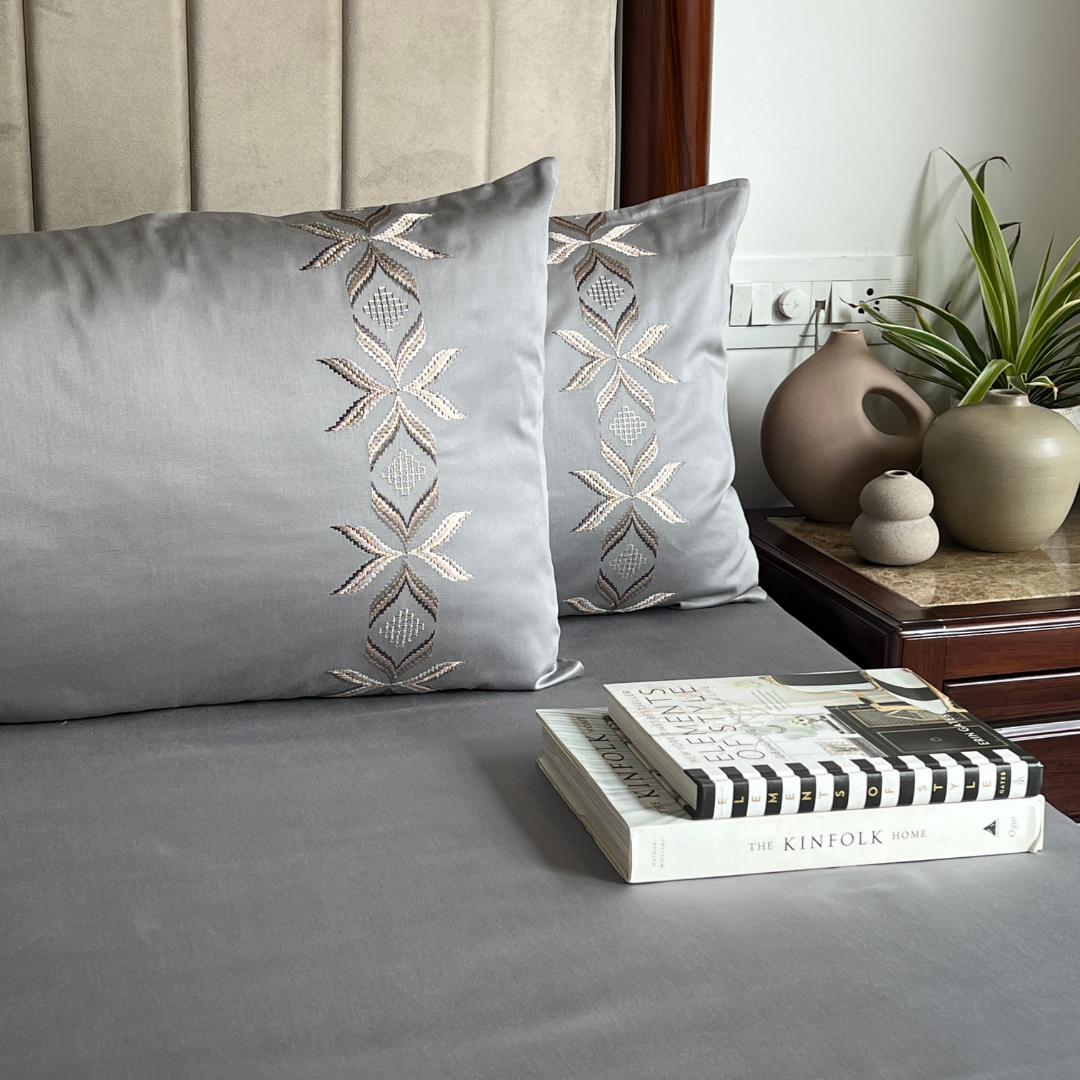 Full bed styled with Nadine slate Dreams bedsheet set