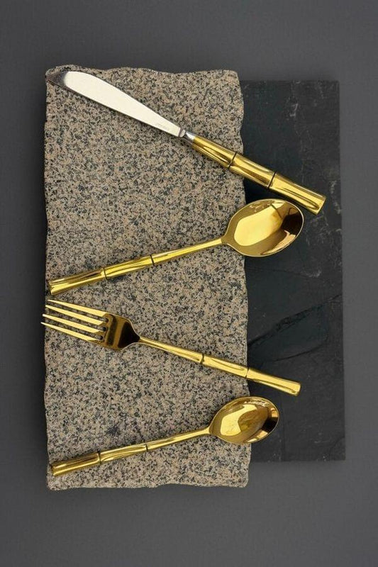 Bamboo Handle Gold Cutlery Set of 24