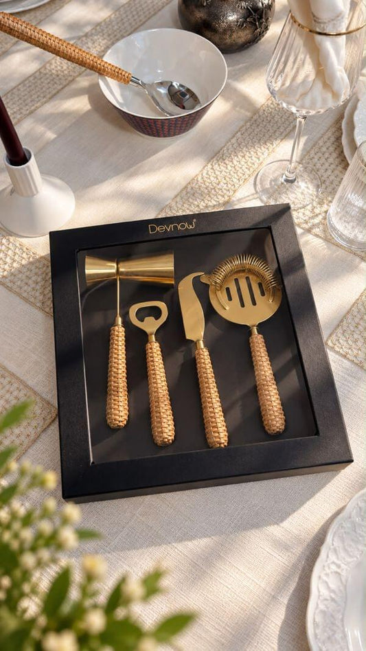Rattan Handle Matt Gold Bar Set of 4