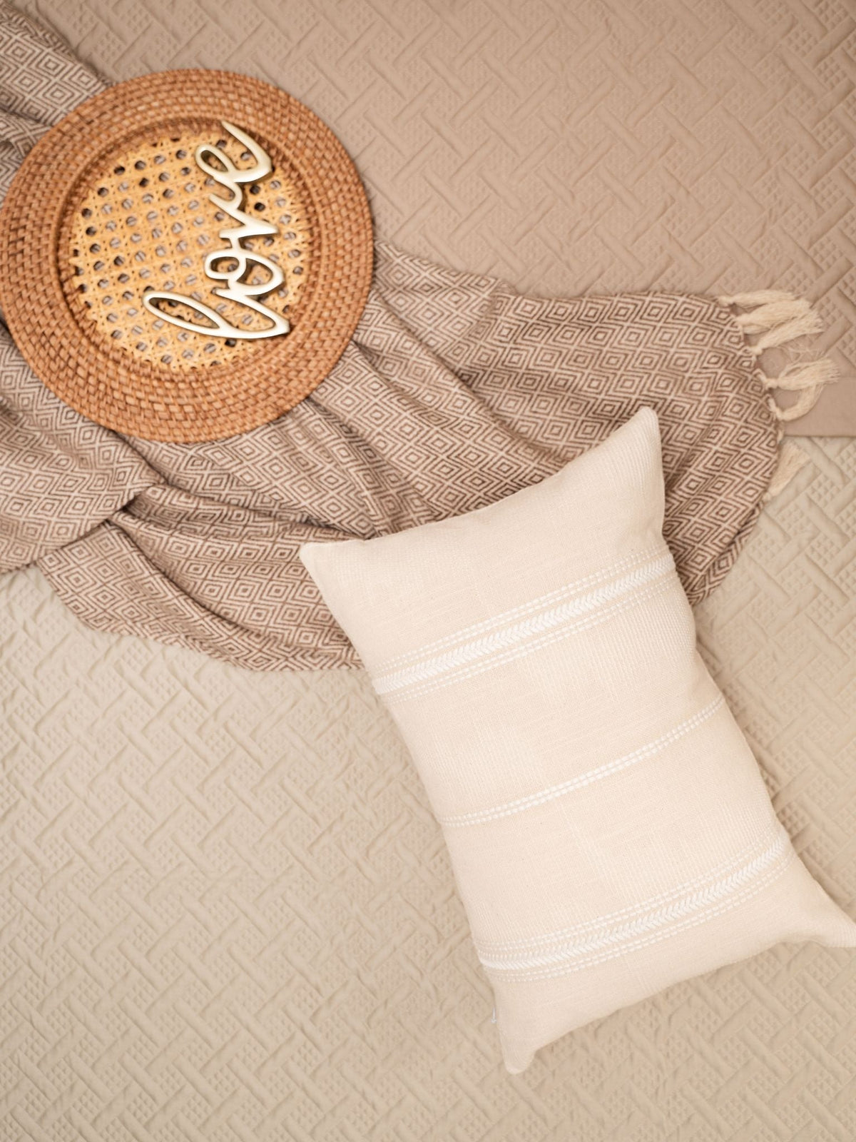 Harmony Cotton Embroidered Beige Cushion Cover 12" X 18" - Elysian Home Decor