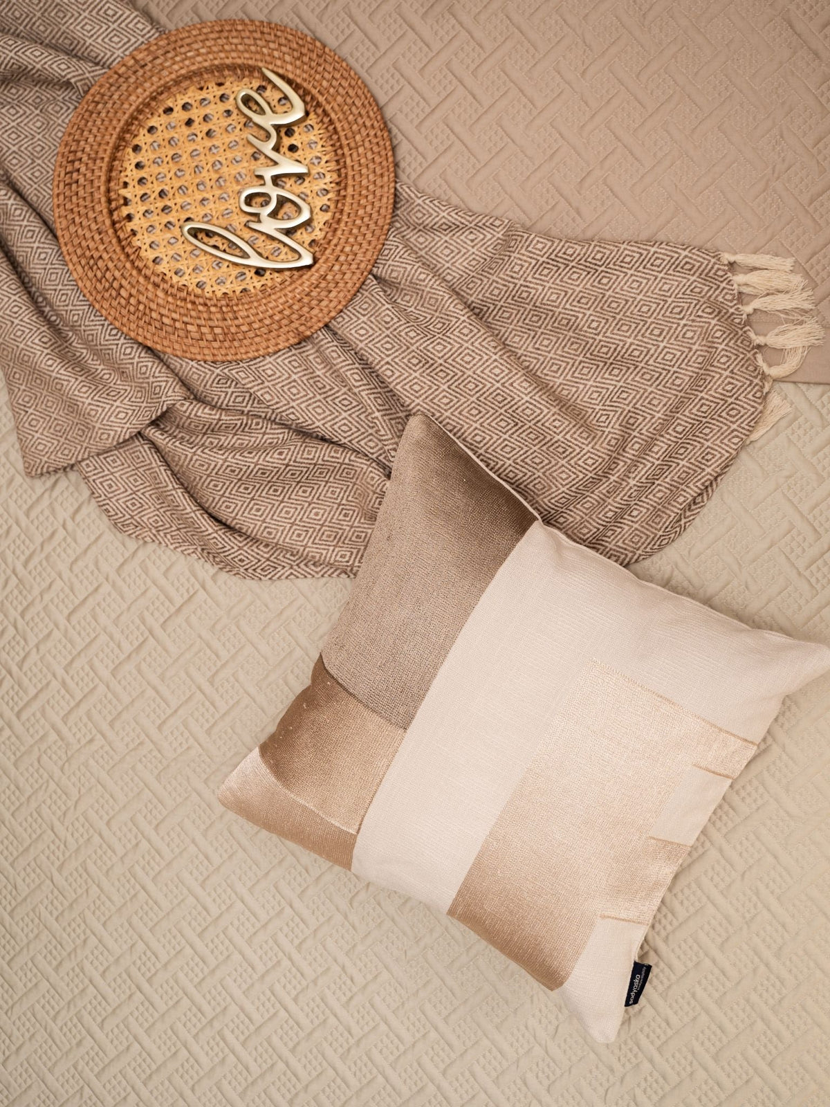 Geochic Cotton Embroidered Beige Cushion Cover 16" X 16" - Elysian Home Decor