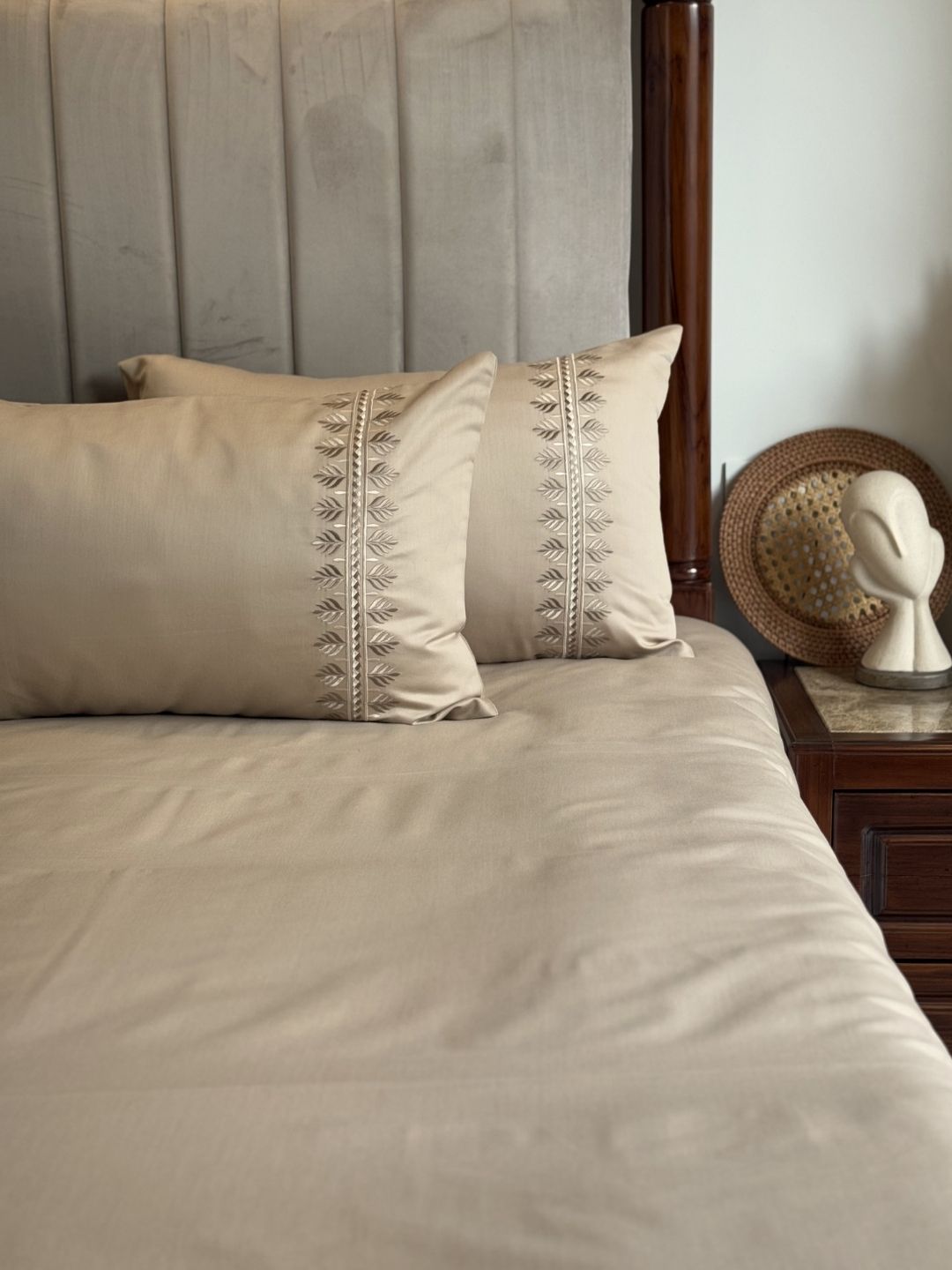 Chloe sand bedsheet set styled on bed