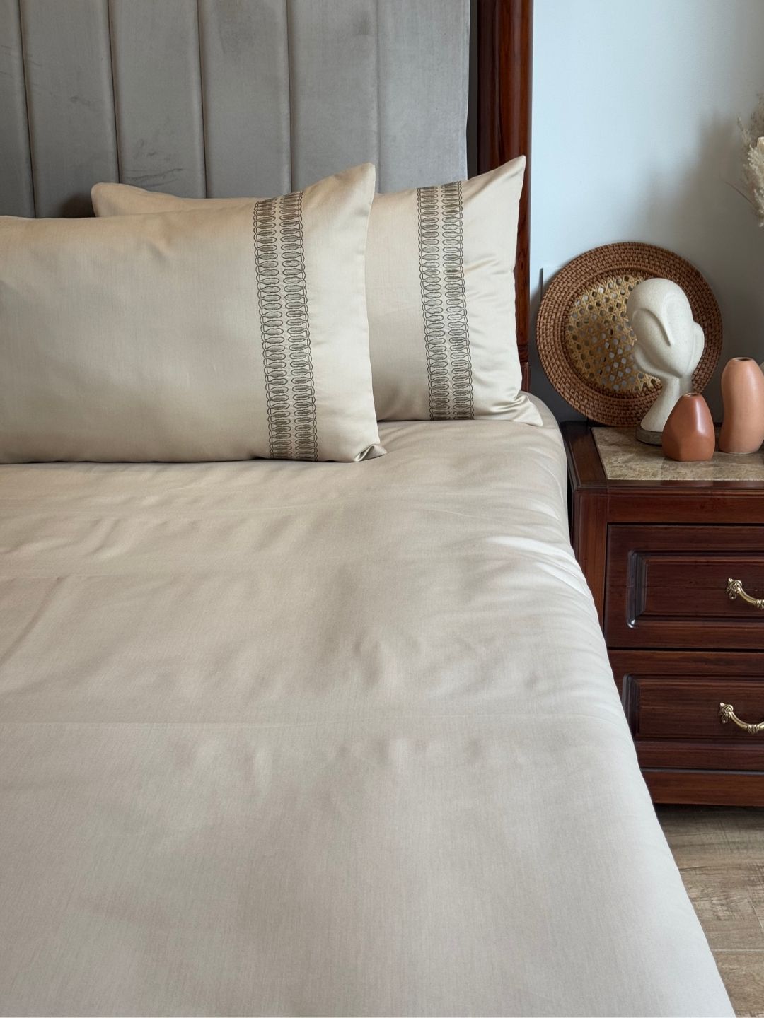 Ella sand bedsheet set styled on bed