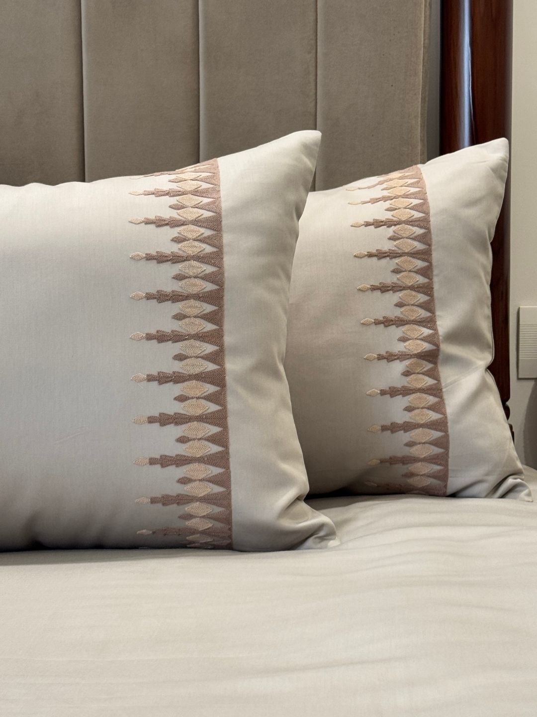 Ivy beige bedsheet set styled on bed