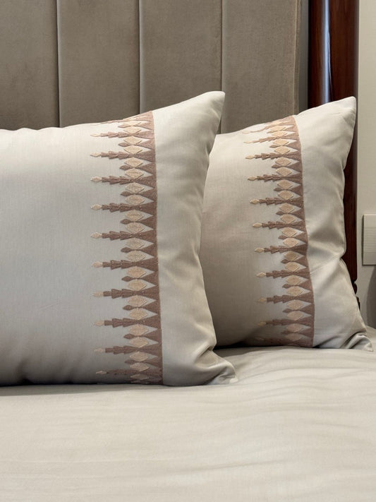 Ivy beige bedsheet set styled on bed