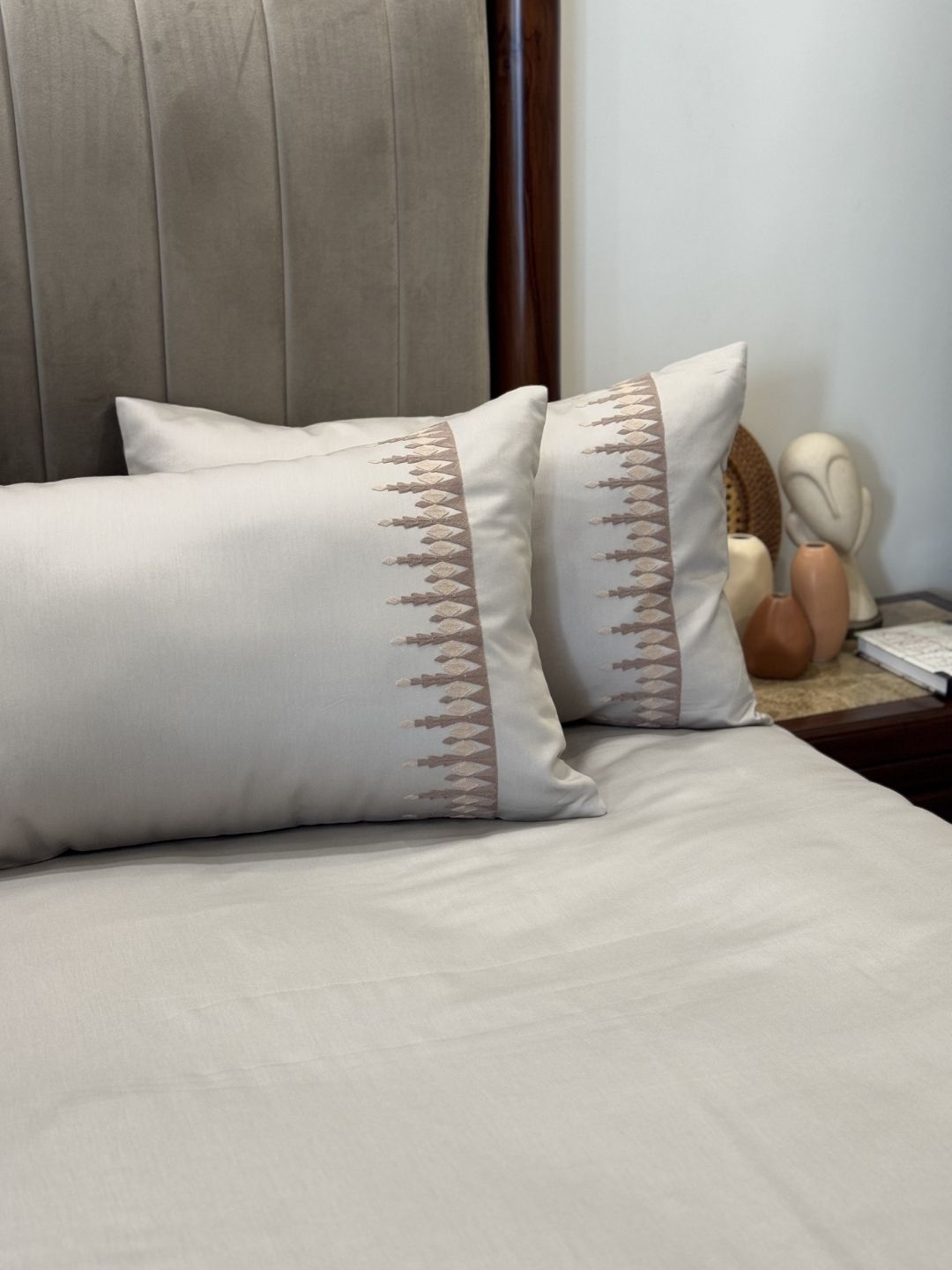 Full bed styled with Ivy beige Syona bedsheet set