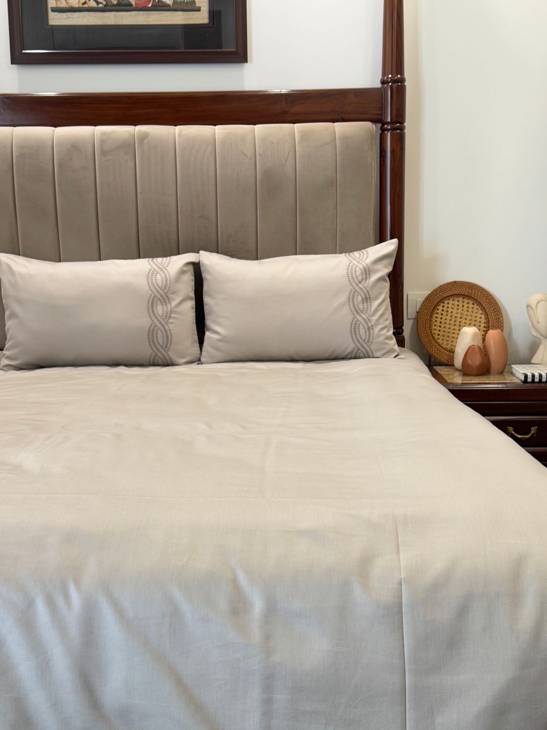1000TC Cotton Rich Lily Beige Syona Bedsheet Set - Elysian Home Decor