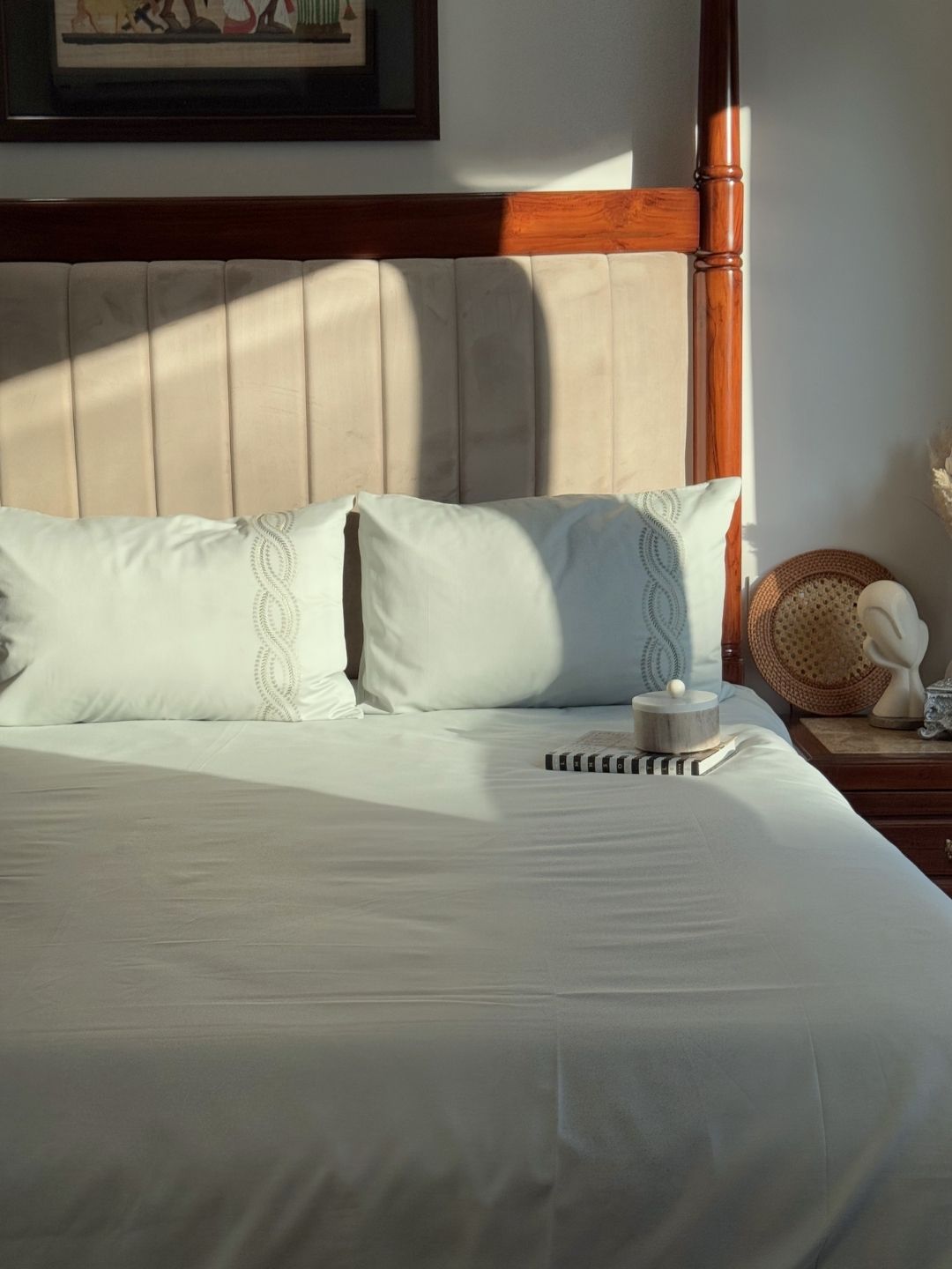 Full bed styled with sage green Syona bedsheet set