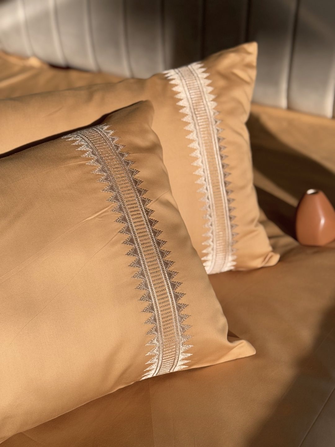 Full bed styled with Mia honey mustard Syona bedsheet set