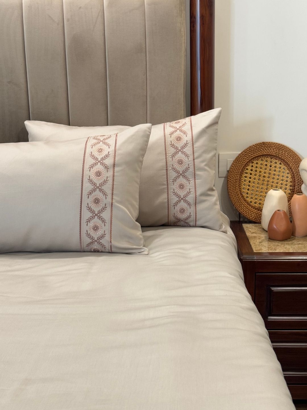 Sophie beige bedsheet set styled on bed