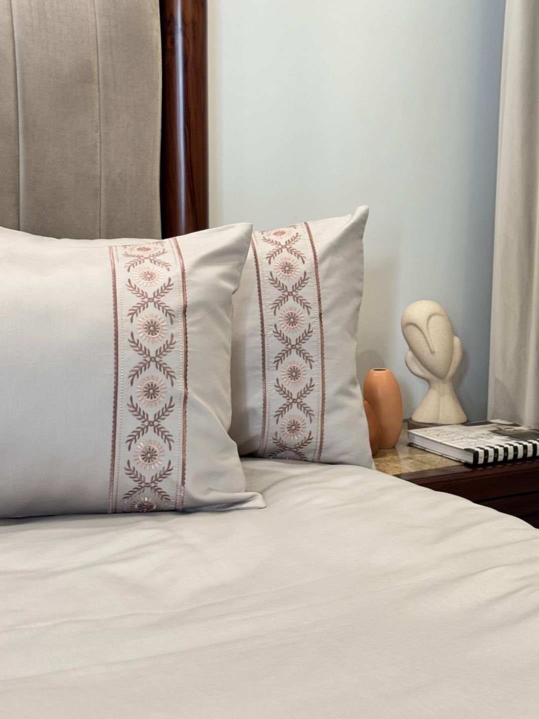 Full bed styled with Sophie beige Syona bedsheet set
