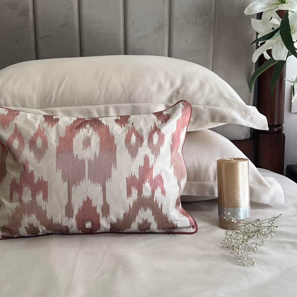 Oats beige bedsheet set styled on a made bed