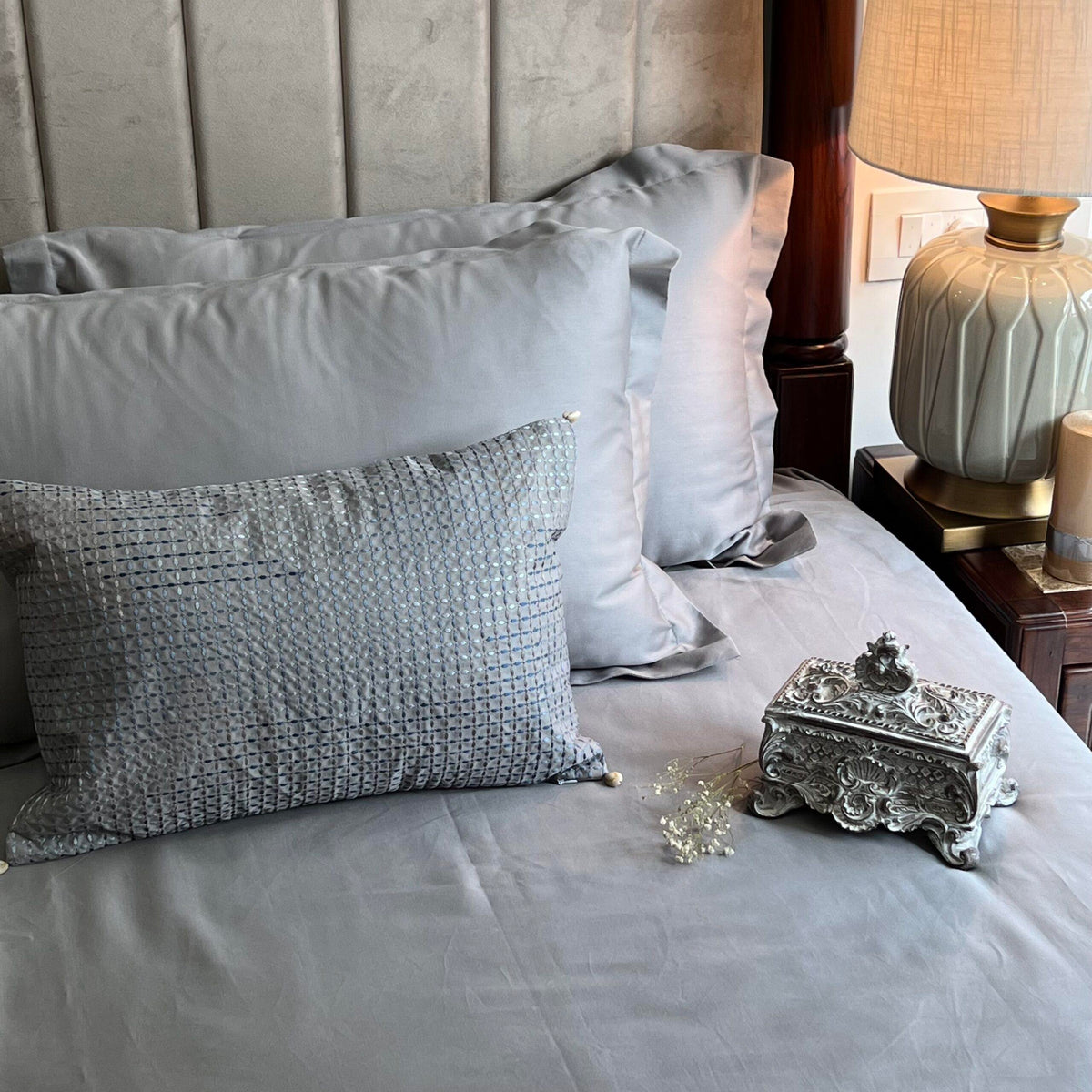 Flat lay of the full slate bedsheet set