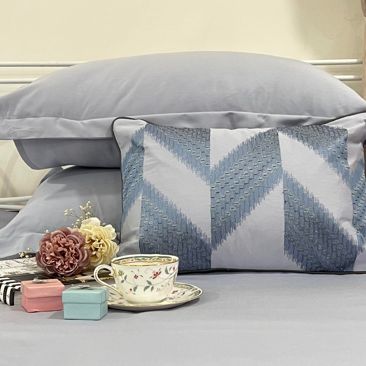 Full bed styled with Stacy smoke blue Treasure bedsheet set