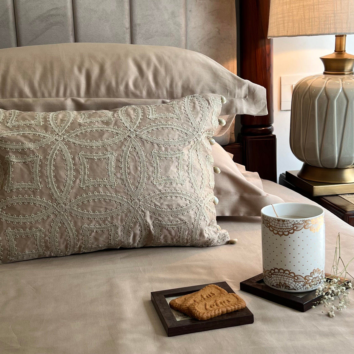 Full bed styled with Stark sand Treasure bedsheet set