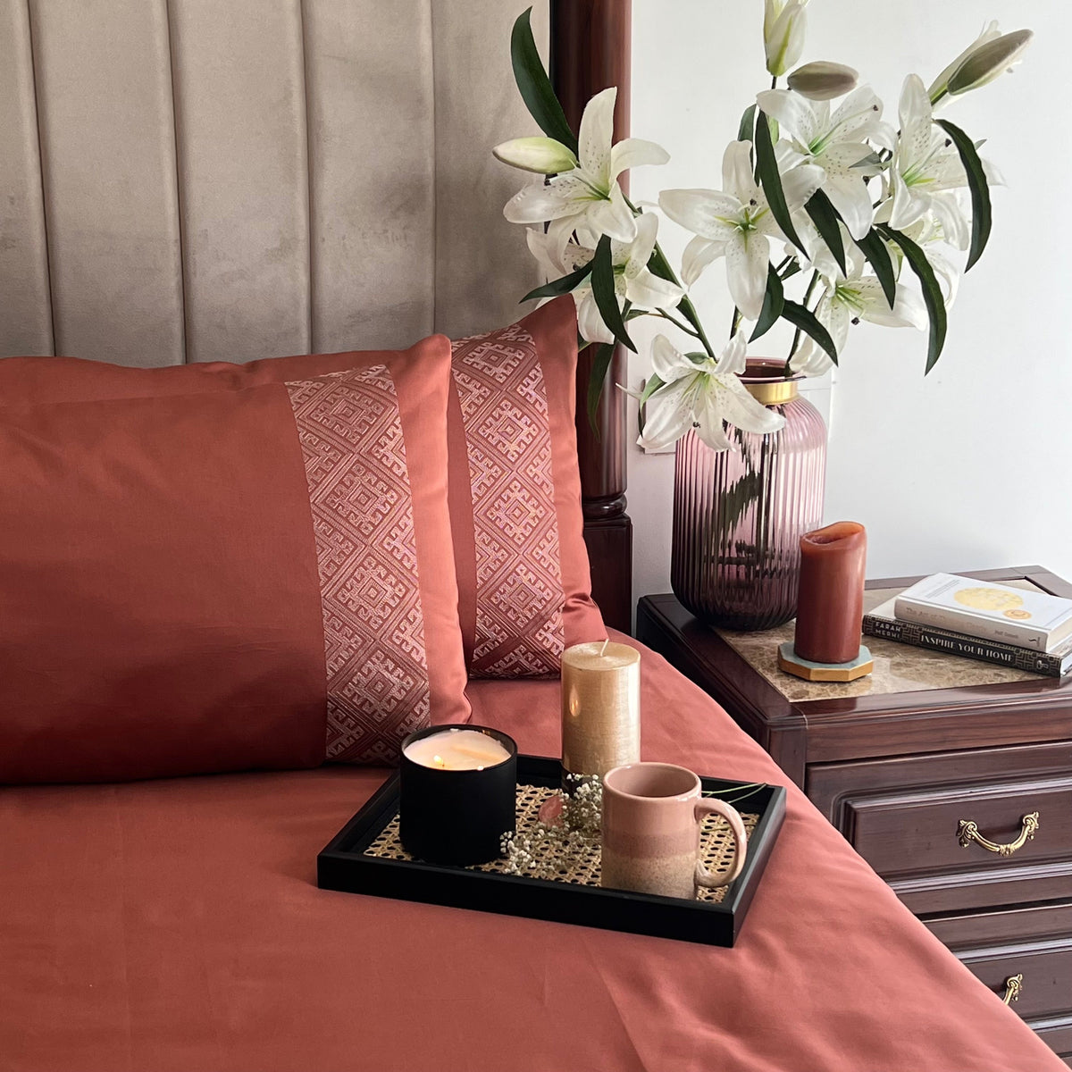 Terracotta bedsheet fabric texture close-up